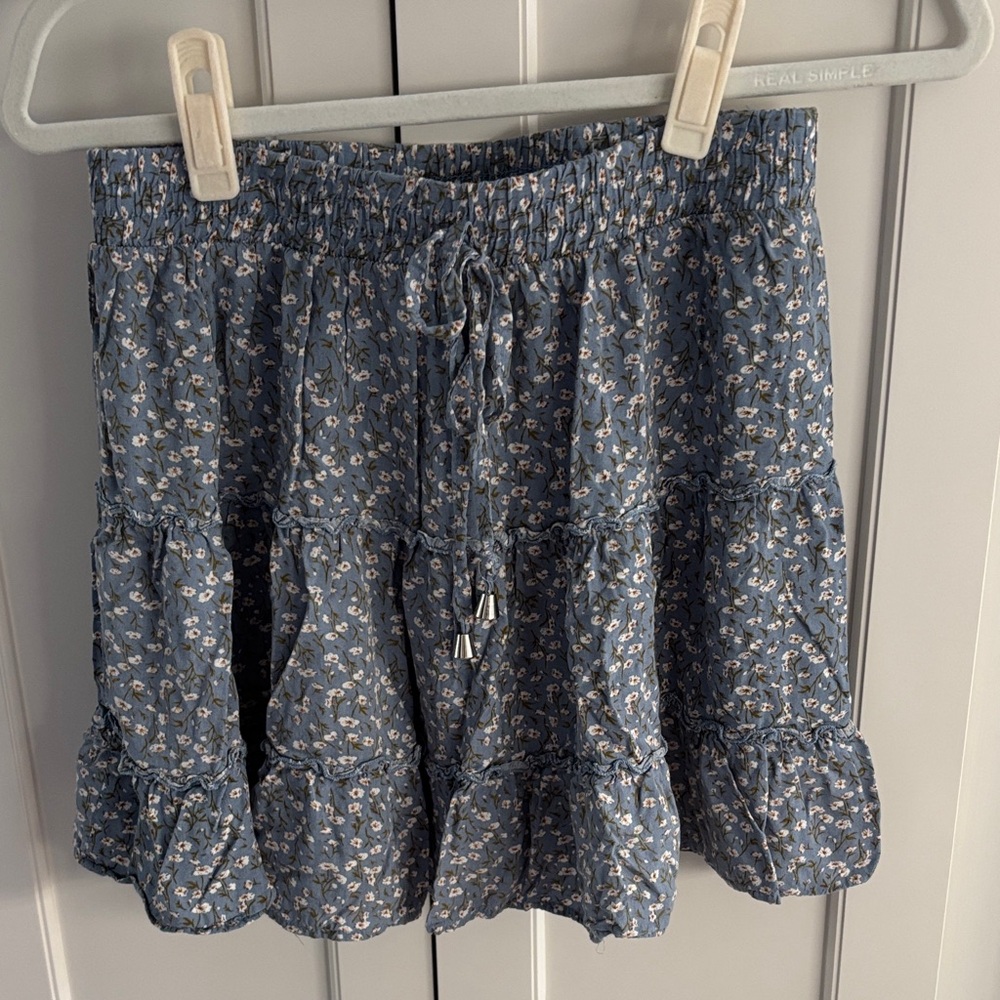 Blue Floral Tiered Elastic Waisg Mini Skirt